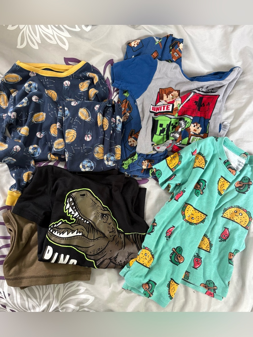 Boys Pajama Multi-Pack - Dinosaur, Basketball, Taco & Minecraft Prints Size 8